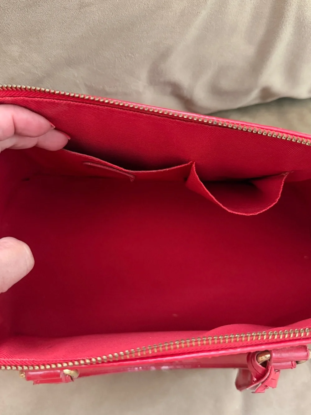 Inspired Red Vernis Alma Satchel with Gold Hardware